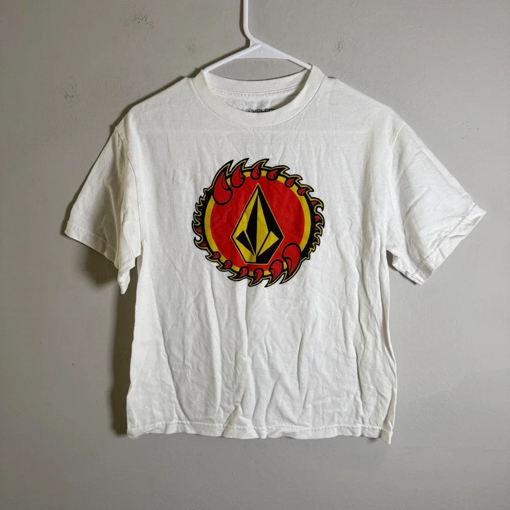 Volcom Boys Large White Graphic Tee Shirt Short Sleeve Flame‎ Stone Logo L/G